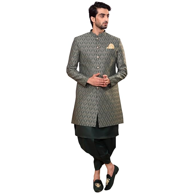 Men's Ethnic Wear Silk Regular Fit Green Kurta Sherwani Set