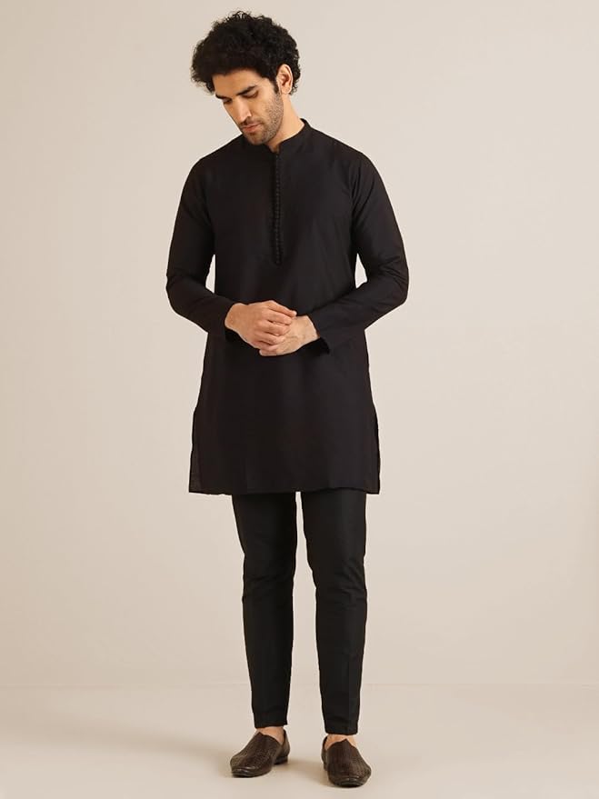 KISAH Men's Kurta Jacket Trouser Set, Multi Cotton Blend, Printed Regular Fit Mandarin Collar Long Sleeves - Image 2