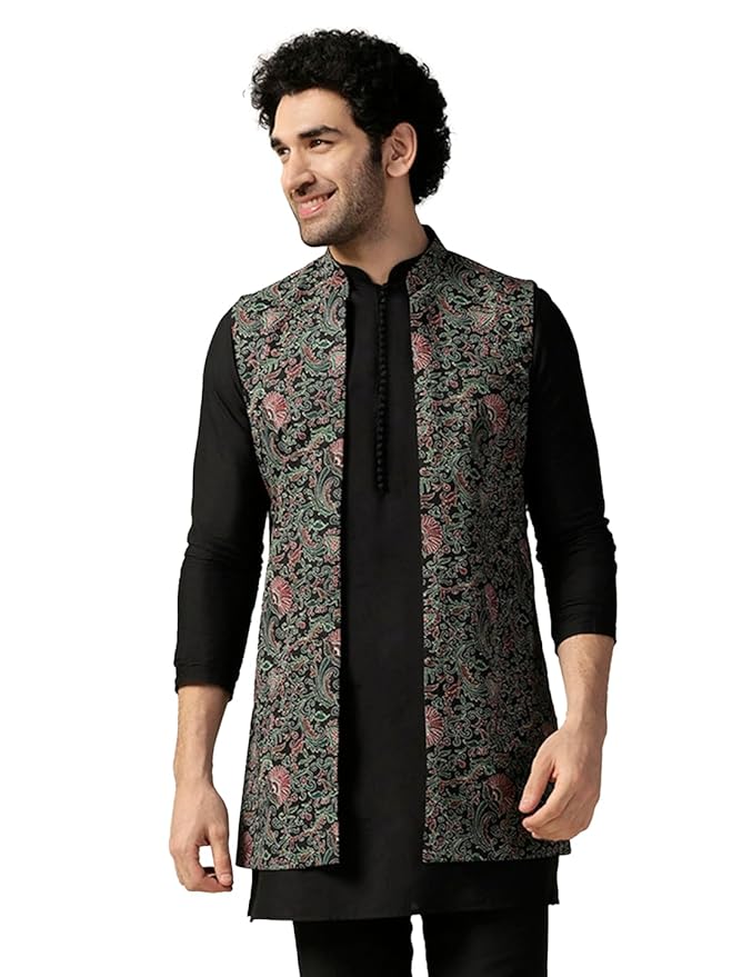 KISAH Men's Kurta Jacket Trouser Set, Multi Cotton Blend, Printed Regular Fit Mandarin Collar Long Sleeves - Image 6