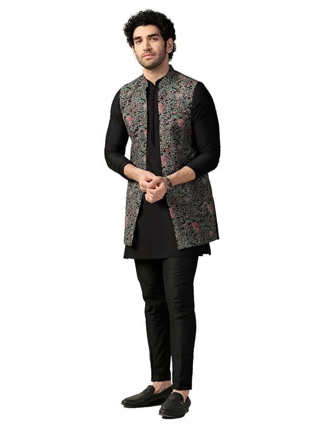 KISAH Men's Kurta Jacket Trouser Set, Multi Cotton Blend, Printed Regular Fit Mandarin Collar Long Sleeves