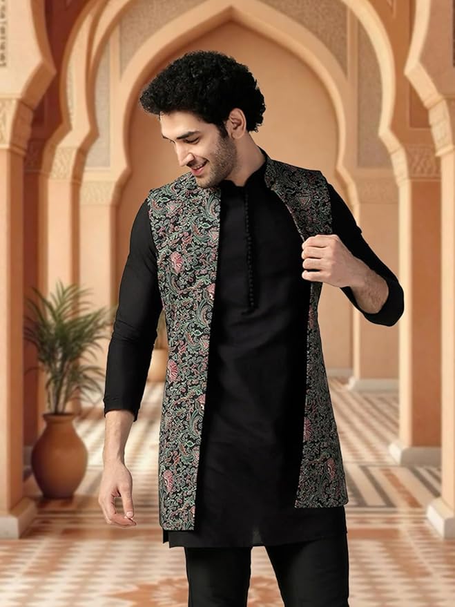 KISAH Men's Kurta Jacket Trouser Set, Multi Cotton Blend, Printed Regular Fit Mandarin Collar Long Sleeves - Image 4