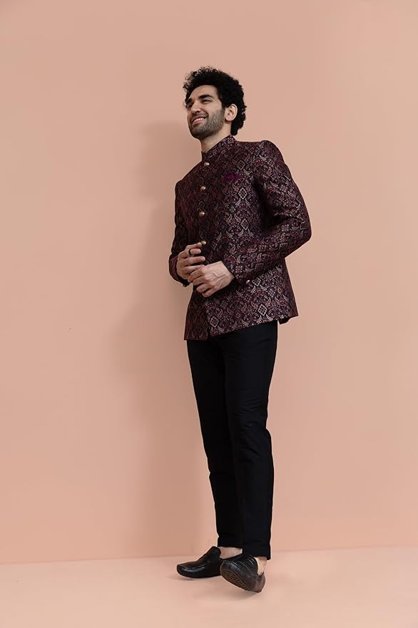 Kisah Men Maroon Ethnic Motifs Bandhgala Trouser Set - Image 3