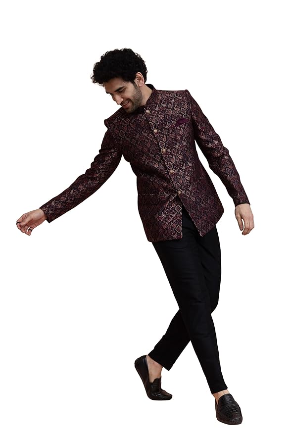 Kisah Men Maroon Ethnic Motifs Bandhgala Trouser Set