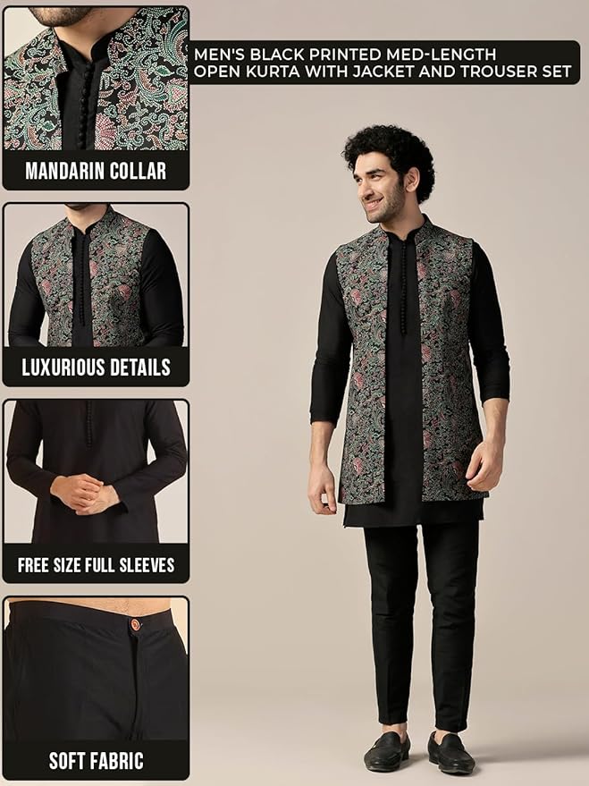 KISAH Men's Kurta Jacket Trouser Set, Multi Cotton Blend, Printed Regular Fit Mandarin Collar Long Sleeves - Image 5
