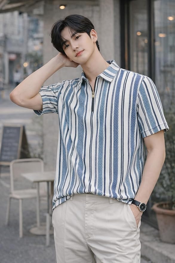 London Hills Men’s Loose Fit Half Sleeve Vertical Striped Polo T-Shirt with Zip Collar | Premium Polyester Fabric | T Shirt for Man | Tshirt | Shirts Men | Tshirt for Man | Men T-Shirts - Image 3