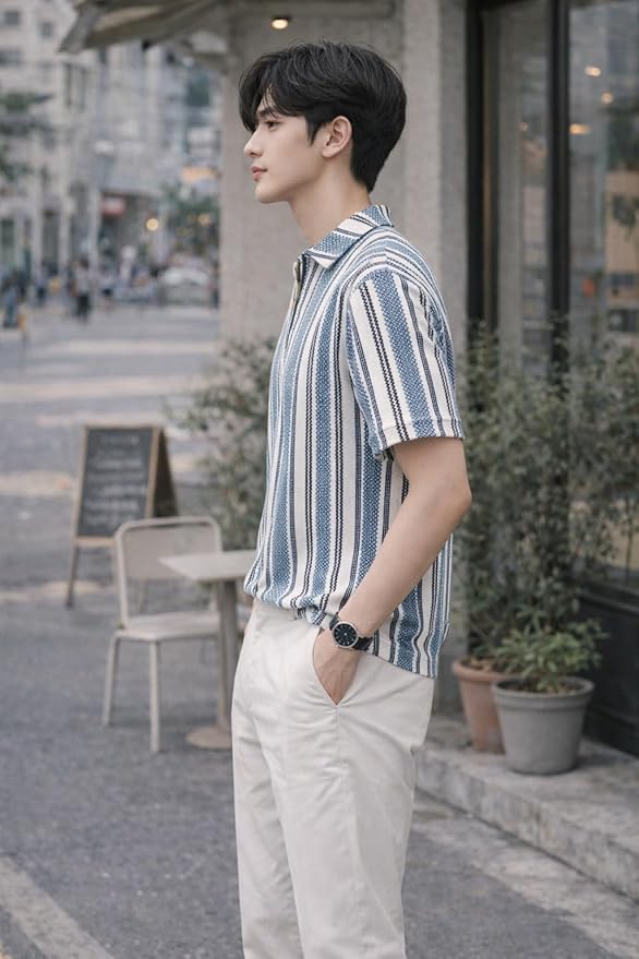 London Hills Men’s Loose Fit Half Sleeve Vertical Striped Polo T-Shirt with Zip Collar | Premium Polyester Fabric | T Shirt for Man | Tshirt | Shirts Men | Tshirt for Man | Men T-Shirts - Image 5
