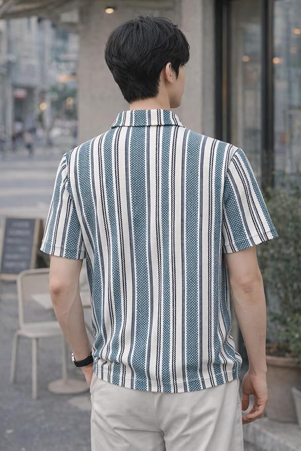 London Hills Men’s Loose Fit Half Sleeve Vertical Striped Polo T-Shirt with Zip Collar | Premium Polyester Fabric | T Shirt for Man | Tshirt | Shirts Men | Tshirt for Man | Men T-Shirts - Image 2